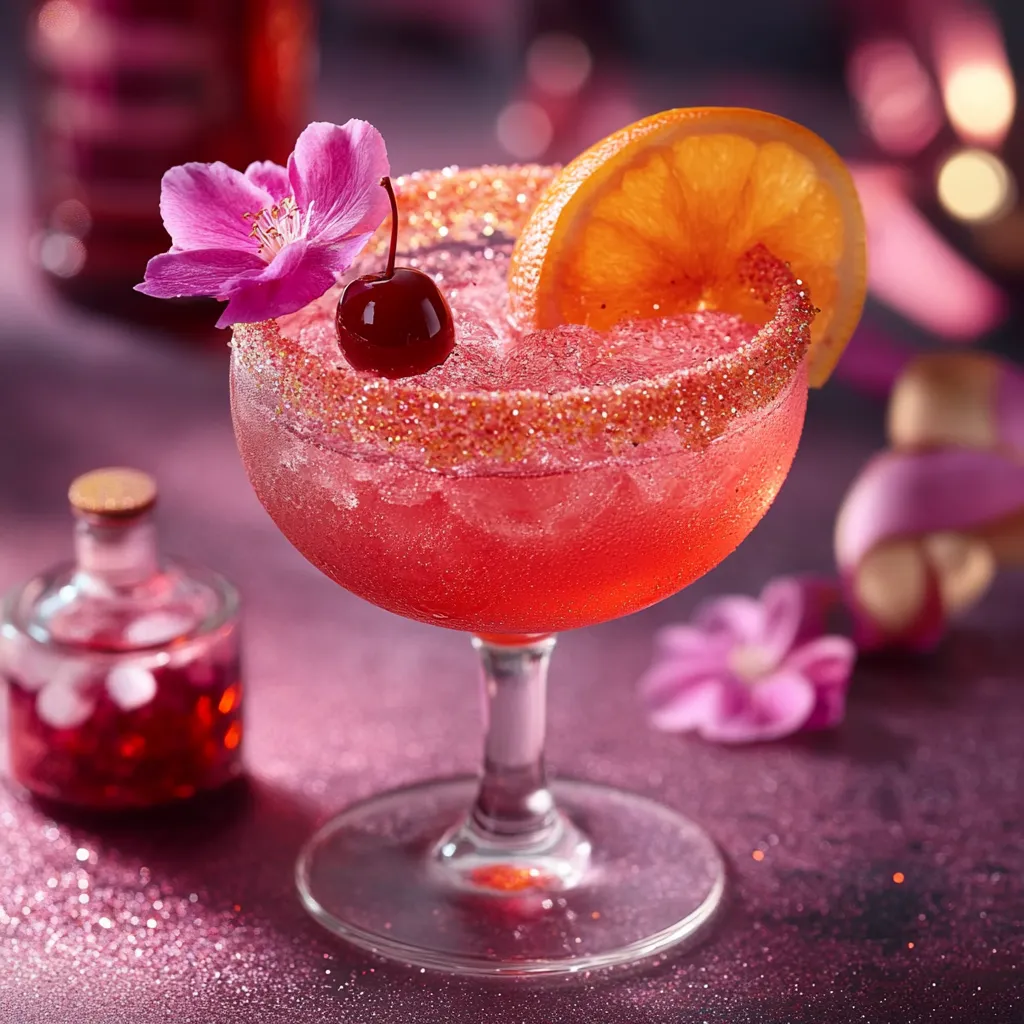 A glass of pink drink with cherries and orange slices.