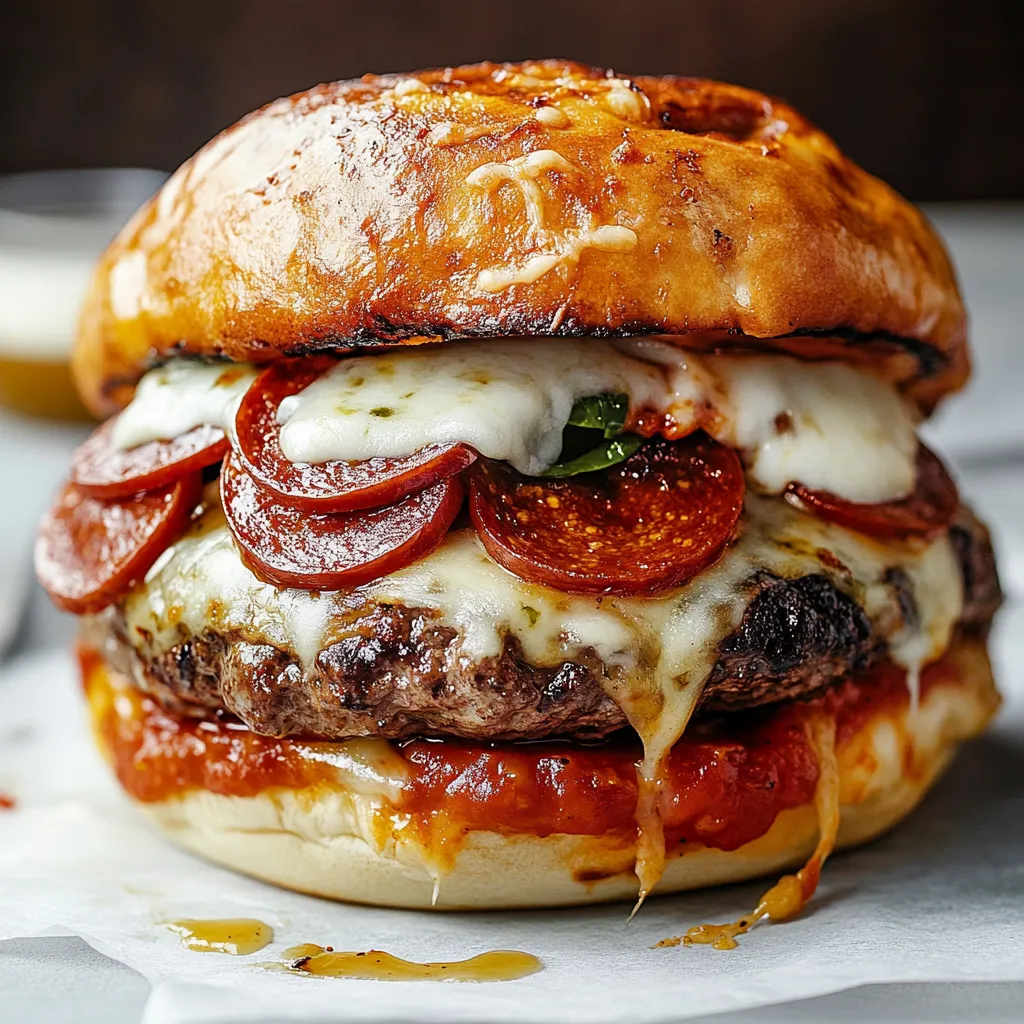 A close up of a cheese and pepperoni burger.