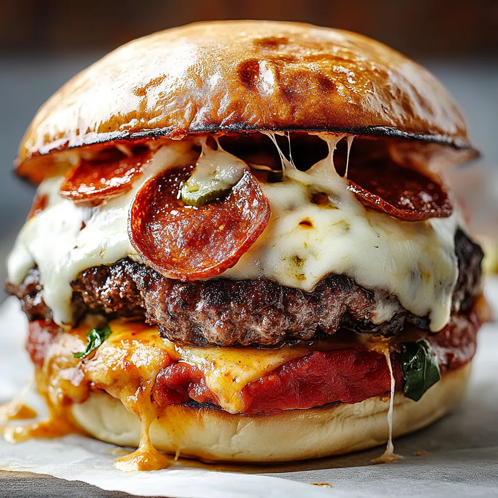 A close up of a pepperoni and cheese burger.
