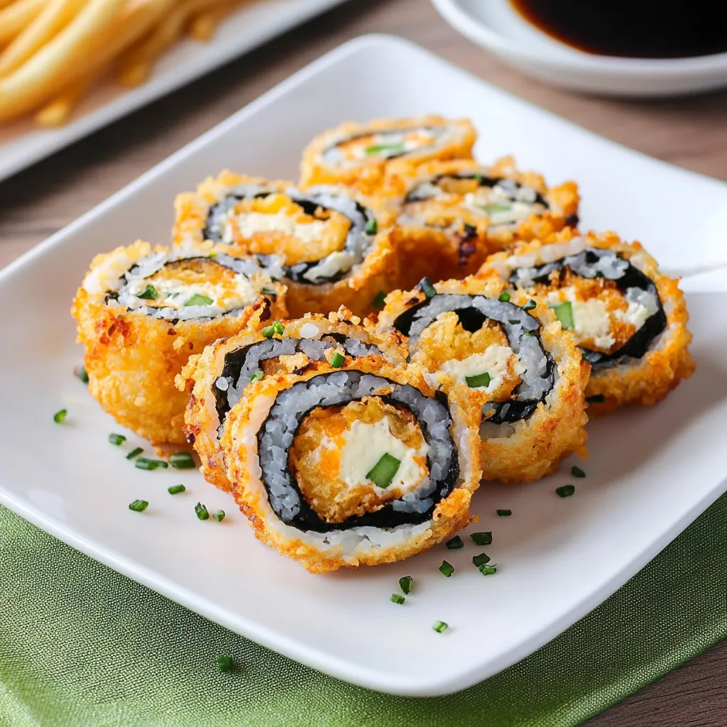 A plate of sushi rolls with a side of fries.