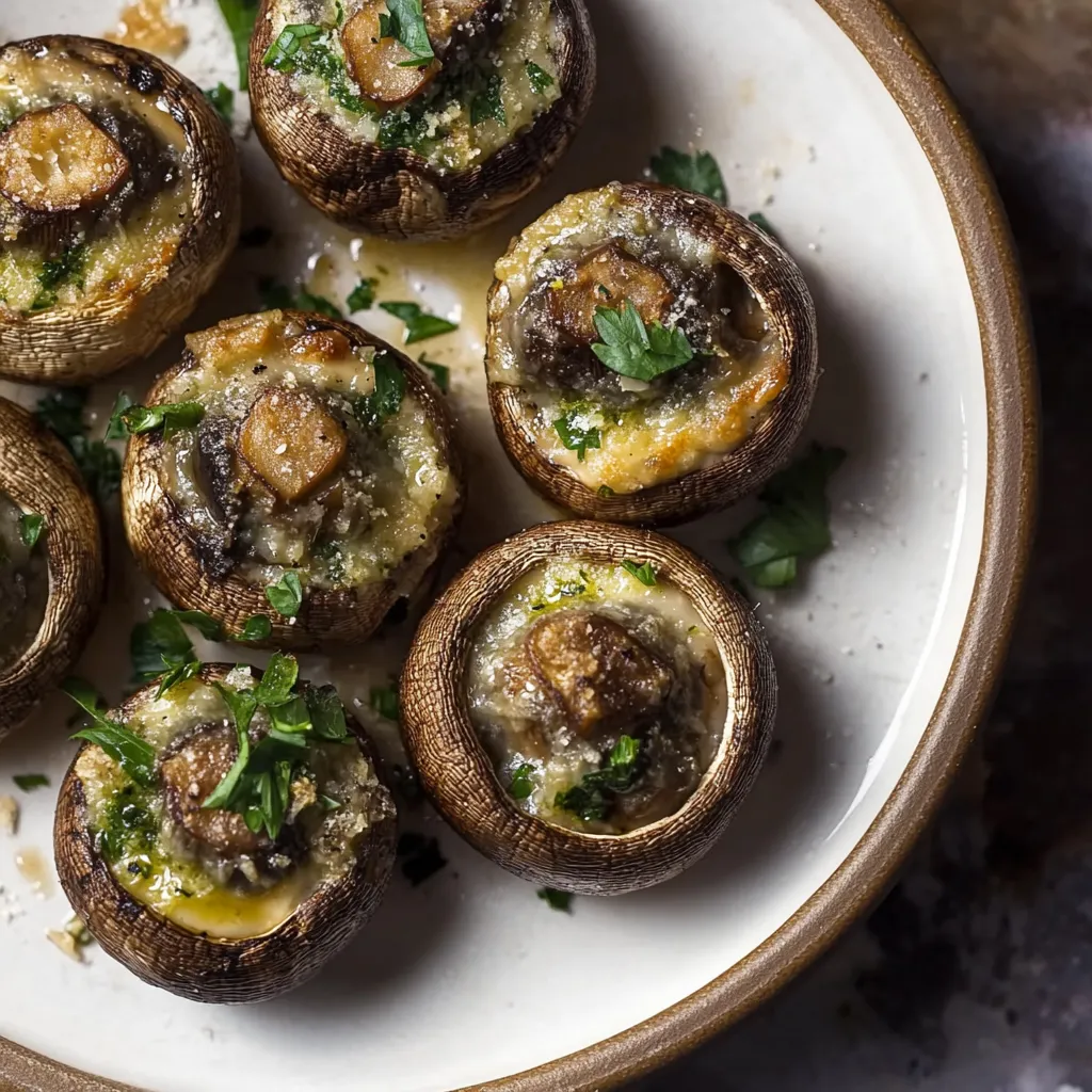 A plate of mushrooms with cheese and herbs.