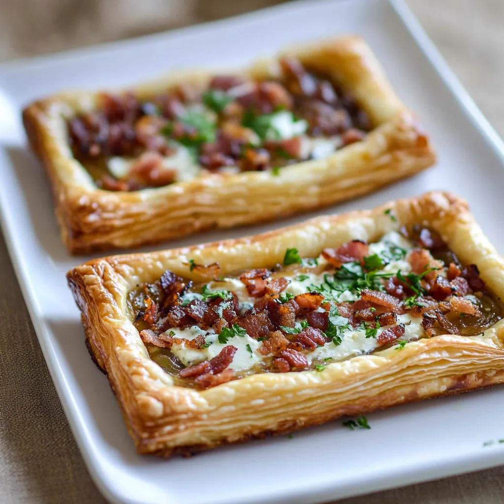 Two bacon and cheese quiches on a white plate.