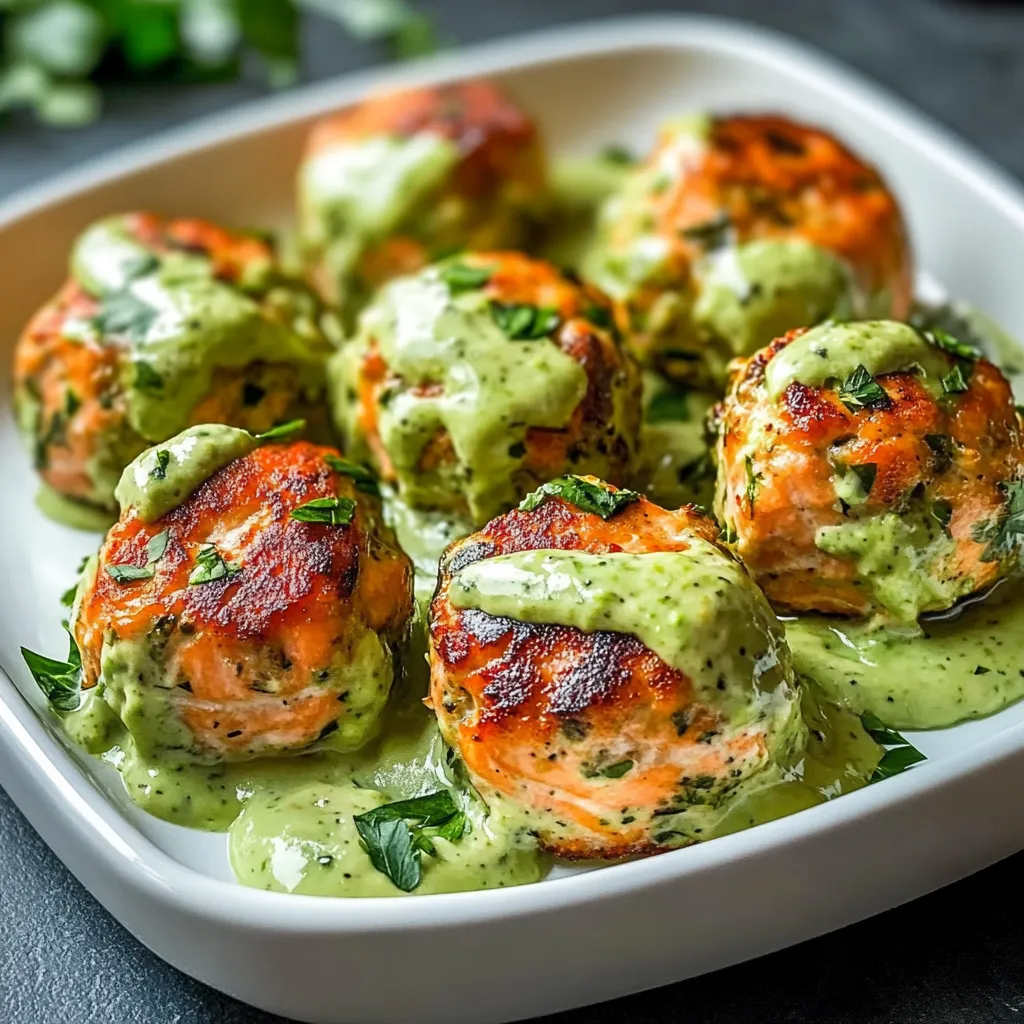 A plate of meatballs with a green sauce.