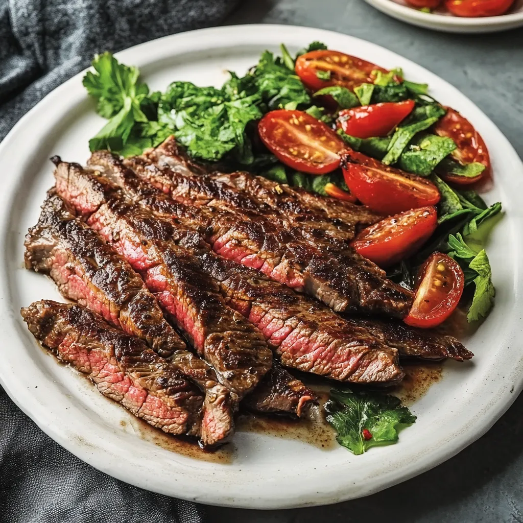 A plate of food with steak and tomatoes.