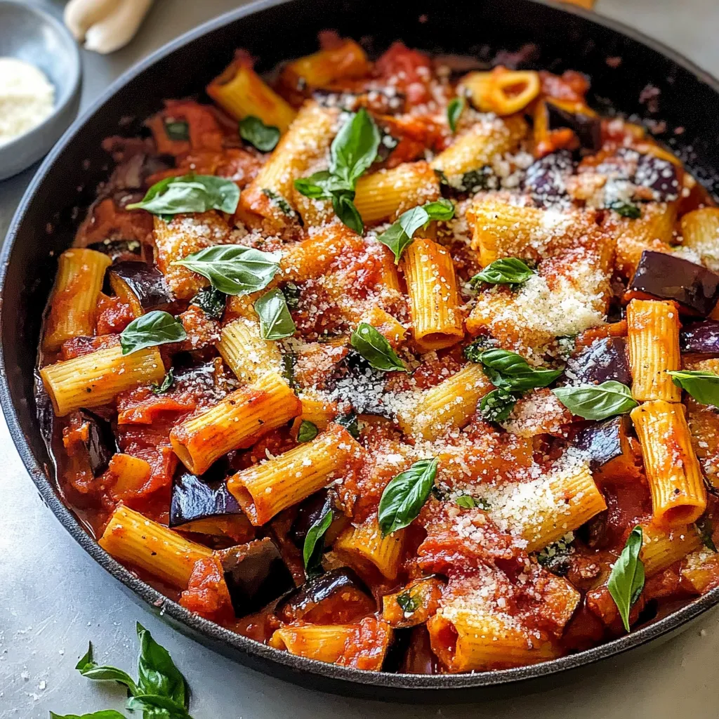 A bowl of pasta with sauce and herbs.