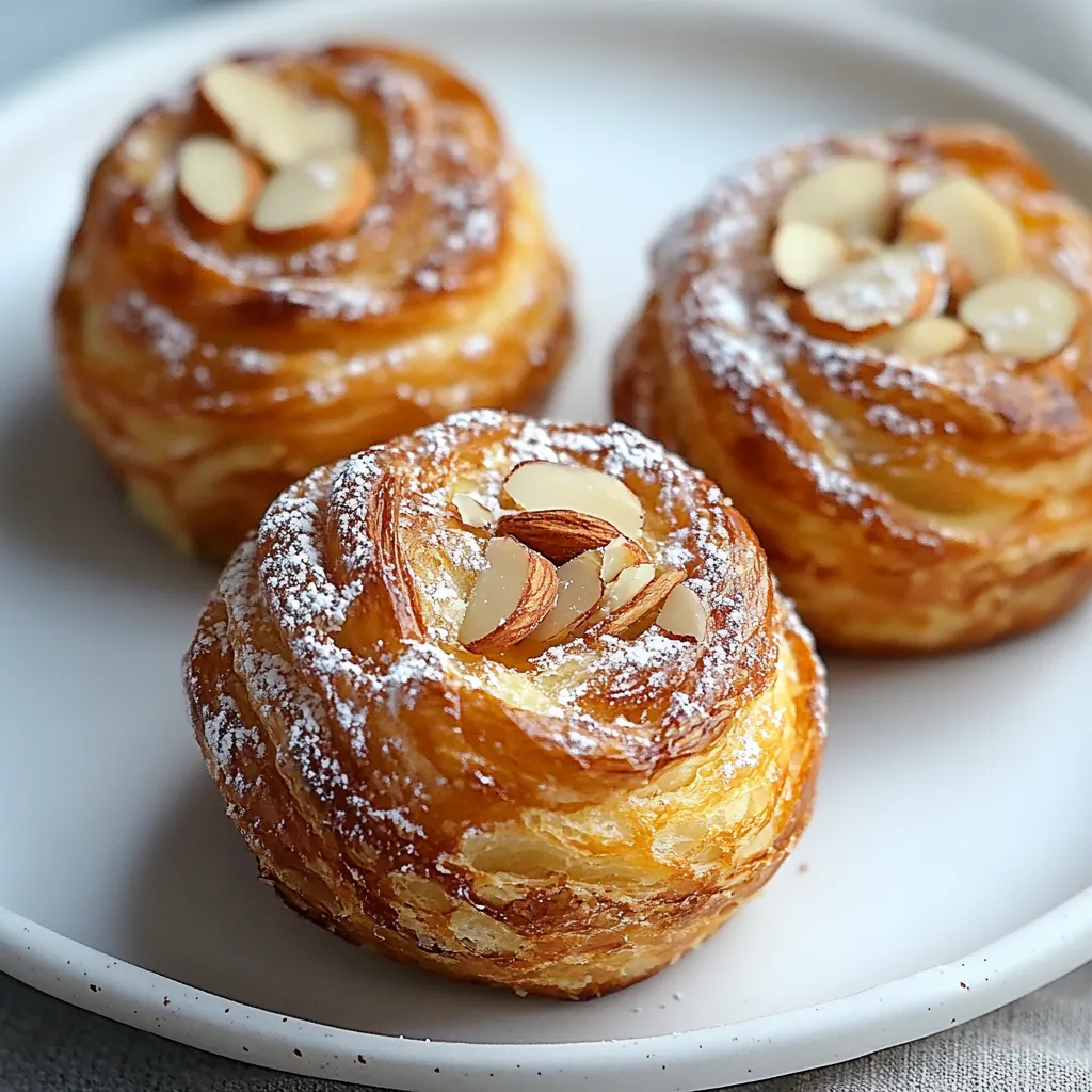 Three pastries with almonds on a plate.