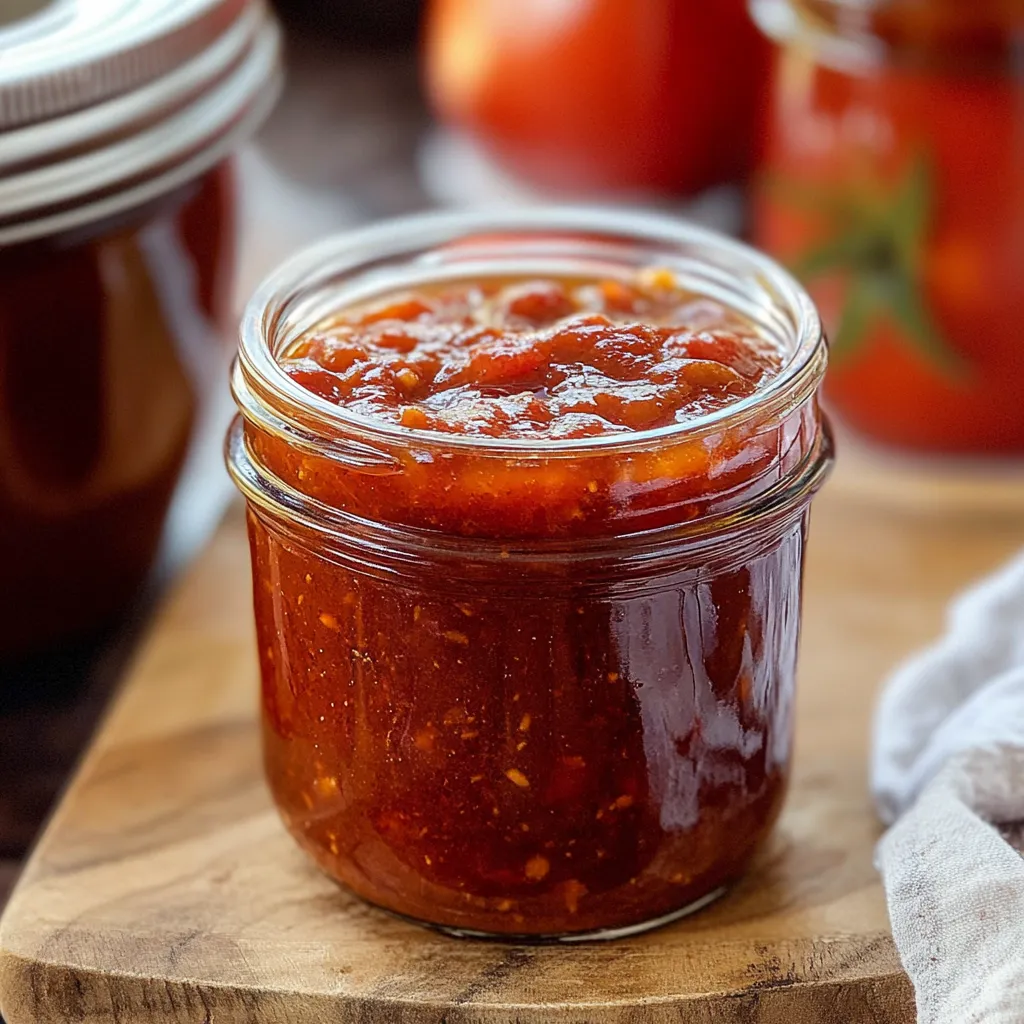 A jar of tomato sauce on a wooden cutting board.