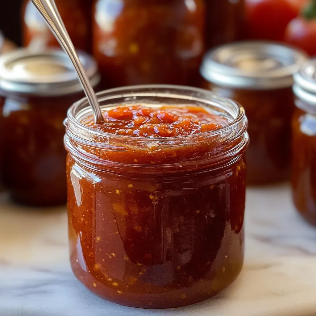 A jar of jam with a spoon in it.