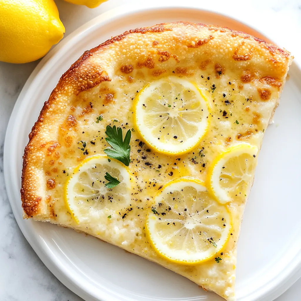 A slice of pizza with lemon wedges on top.