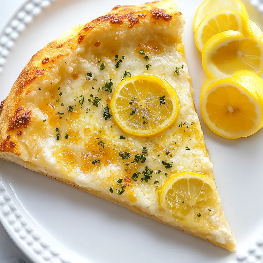 A slice of pizza with lemon wedges on top.