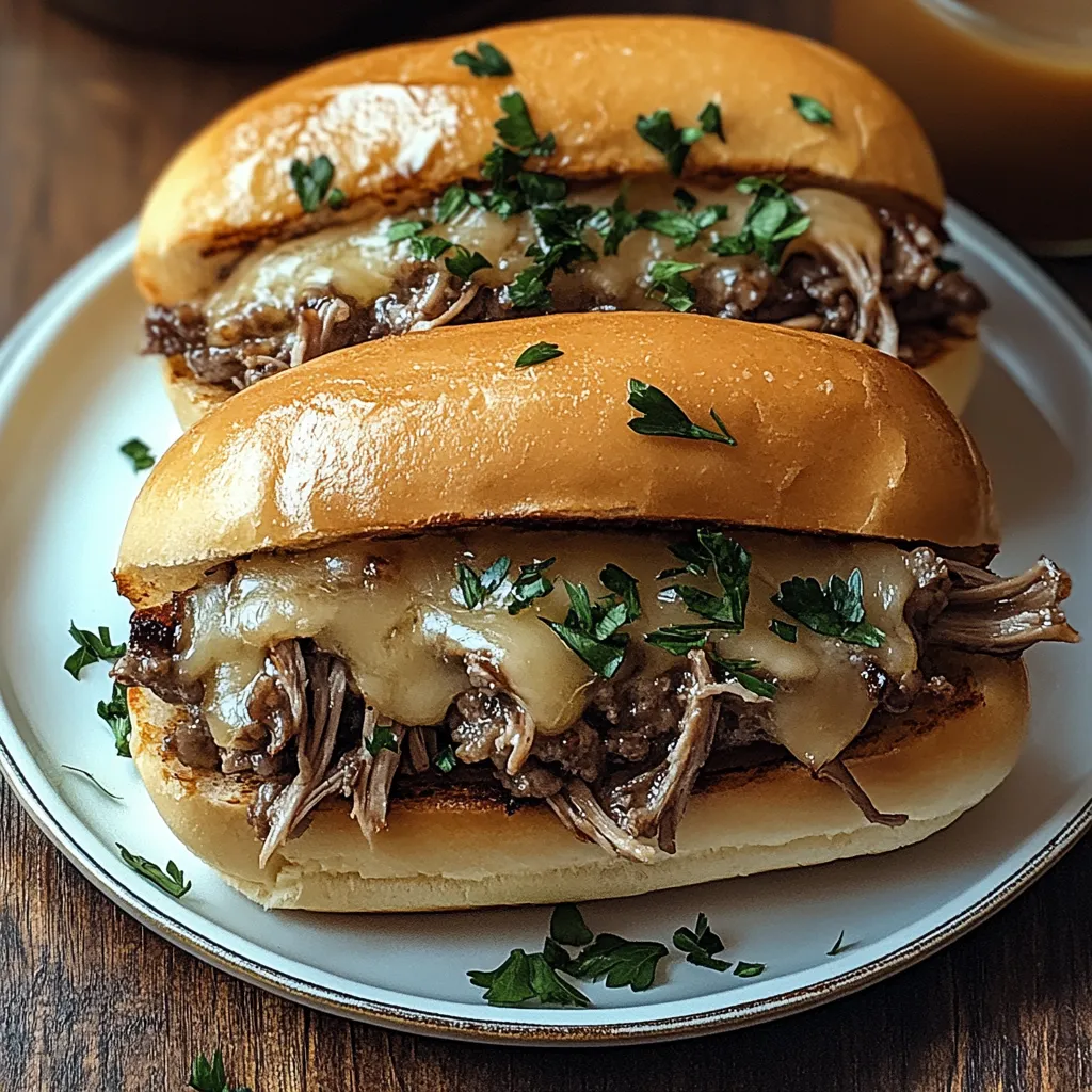 Two sandwiches with meat and cheese on a plate.