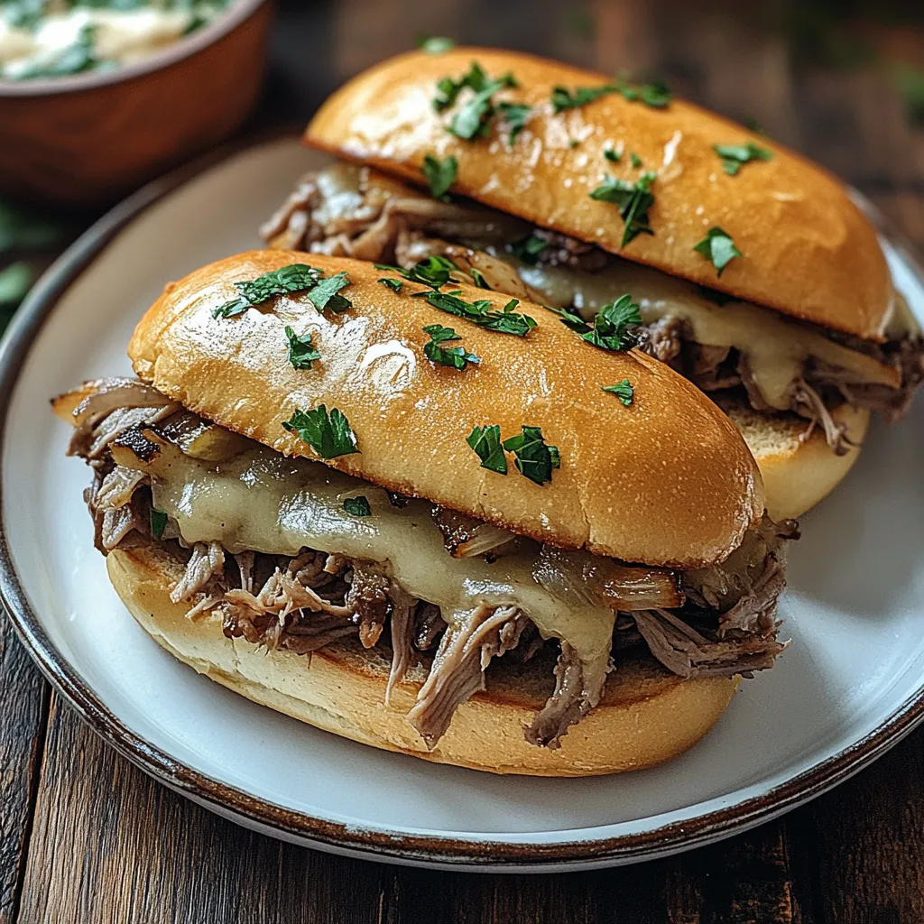 Two sandwiches with meat and cheese on a plate.