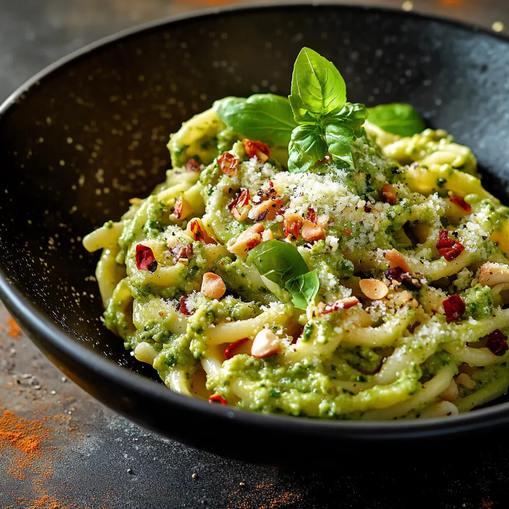 A bowl of pasta with spinach and pine nuts.