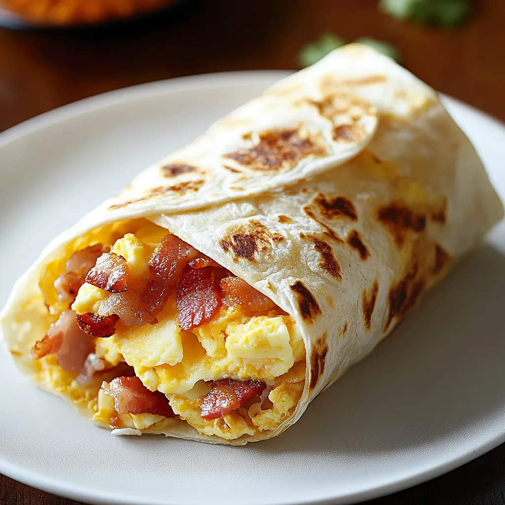 A breakfast burrito with bacon and eggs.