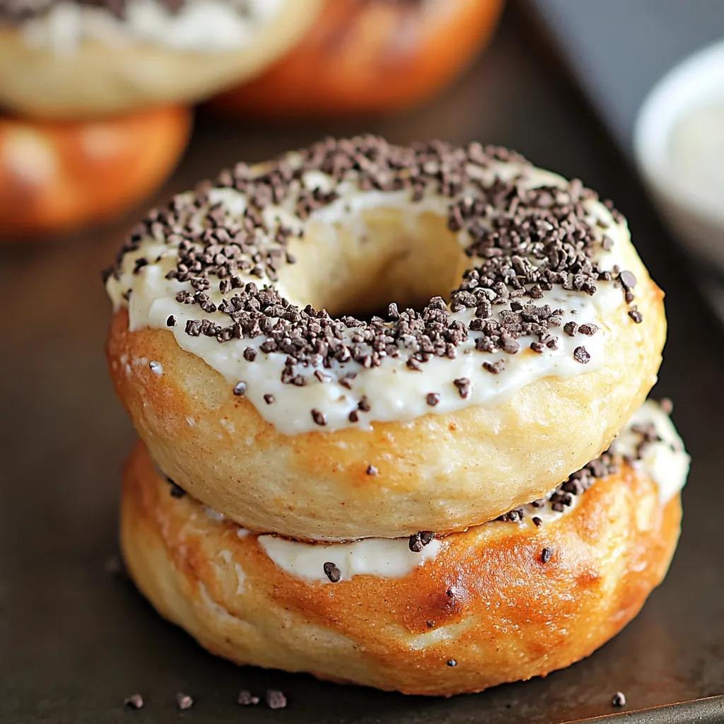 A stack of donuts with white frosting and chocolate sprinkles.