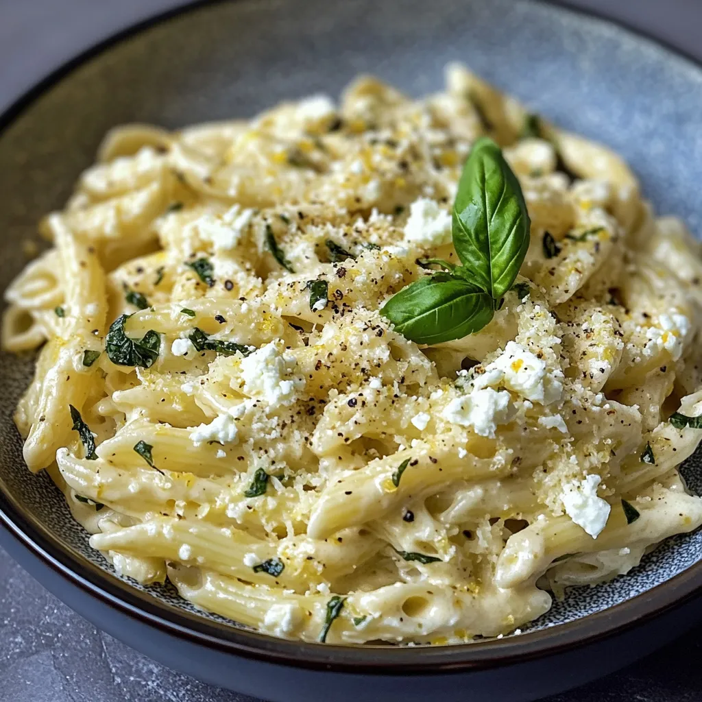 A bowl of pasta with cheese and herbs.