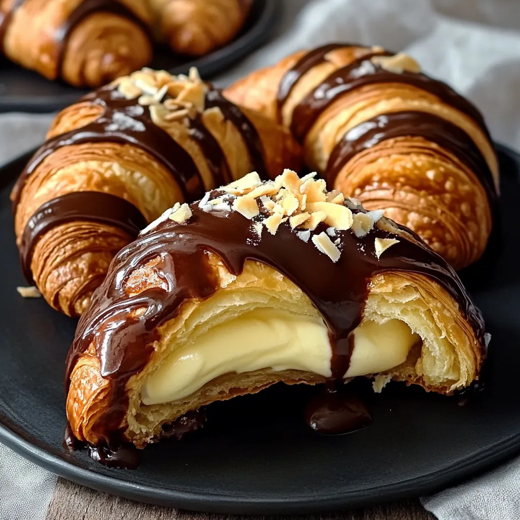 Croissants on a plate with a glossy chocolate drizzle.