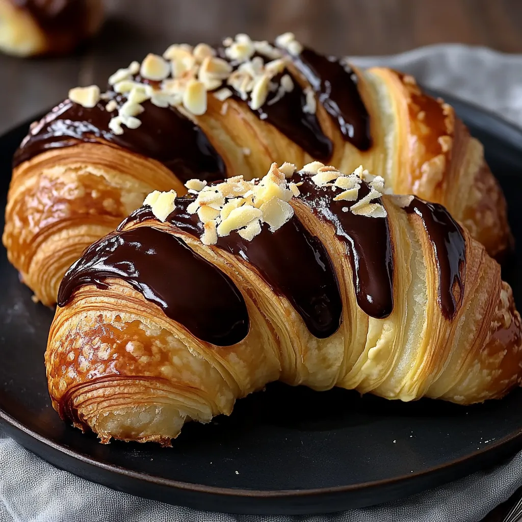 A plate piled with chocolate-glazed croissants.