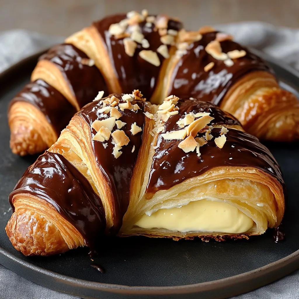 A serving plate holding croissants drizzled with chocolate.