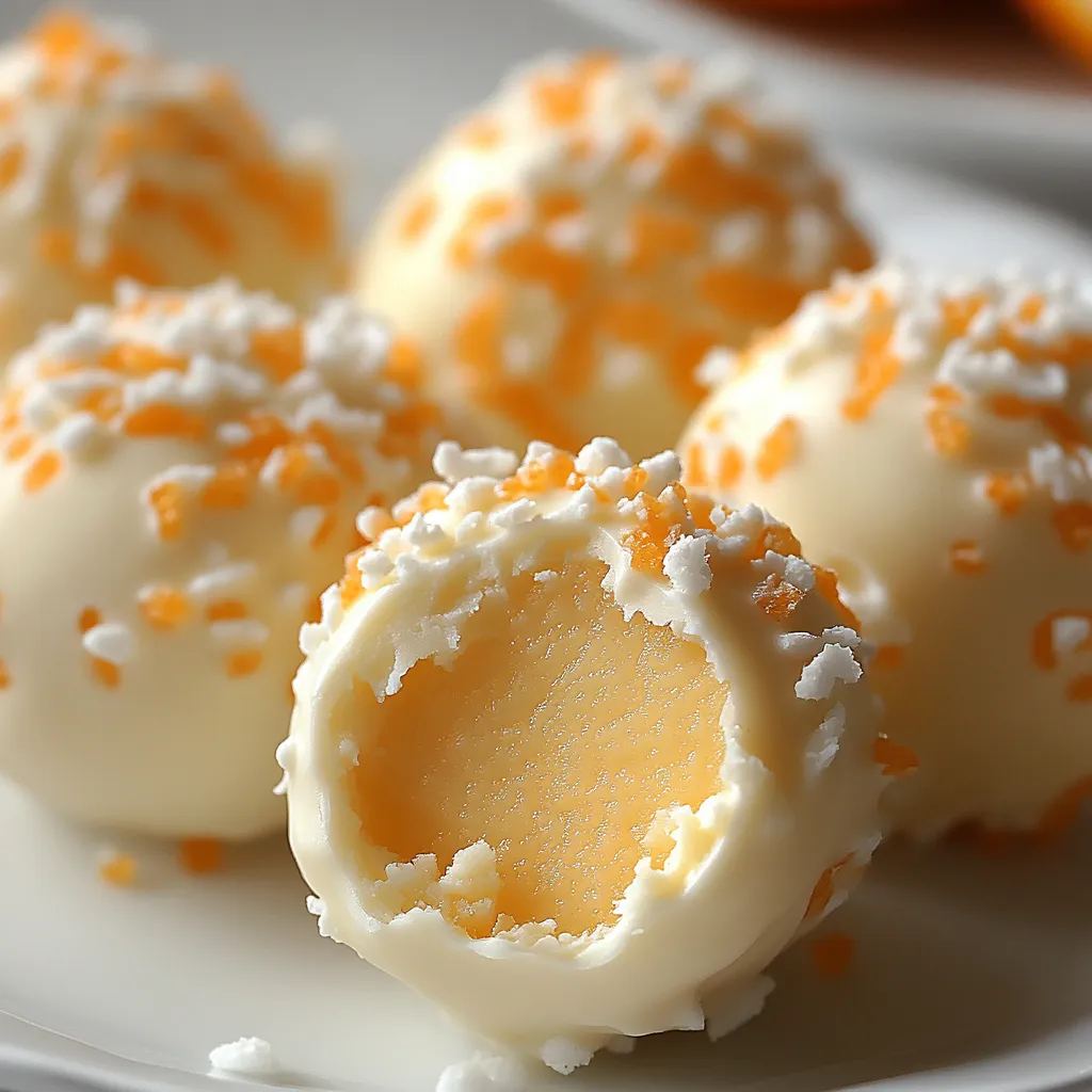 A plate with round orange and white candies.