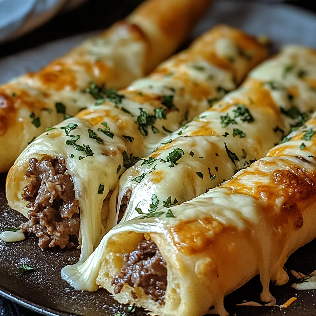 A plate with cheesy, meaty breadsticks.