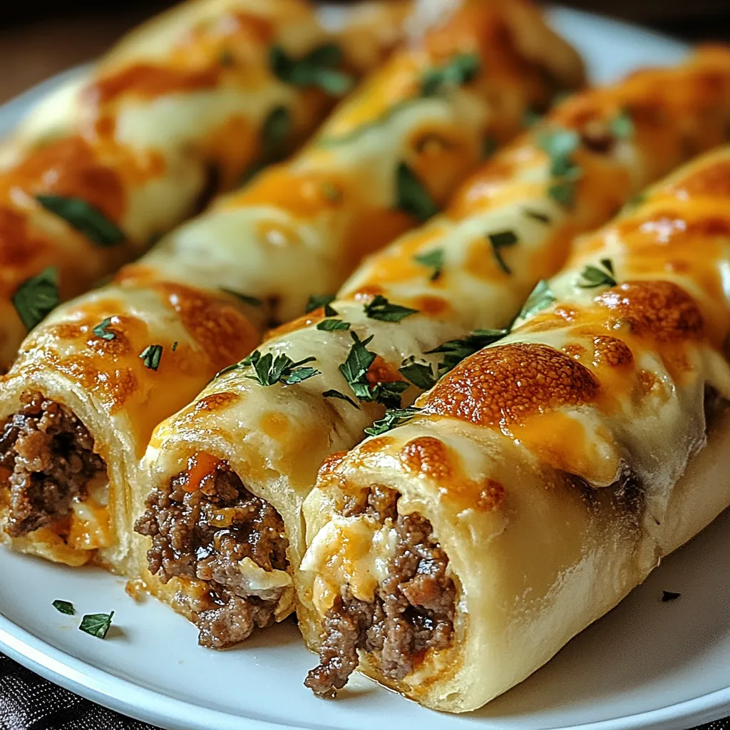 Breadsticks stuffed with cheese and meat on a plate.
