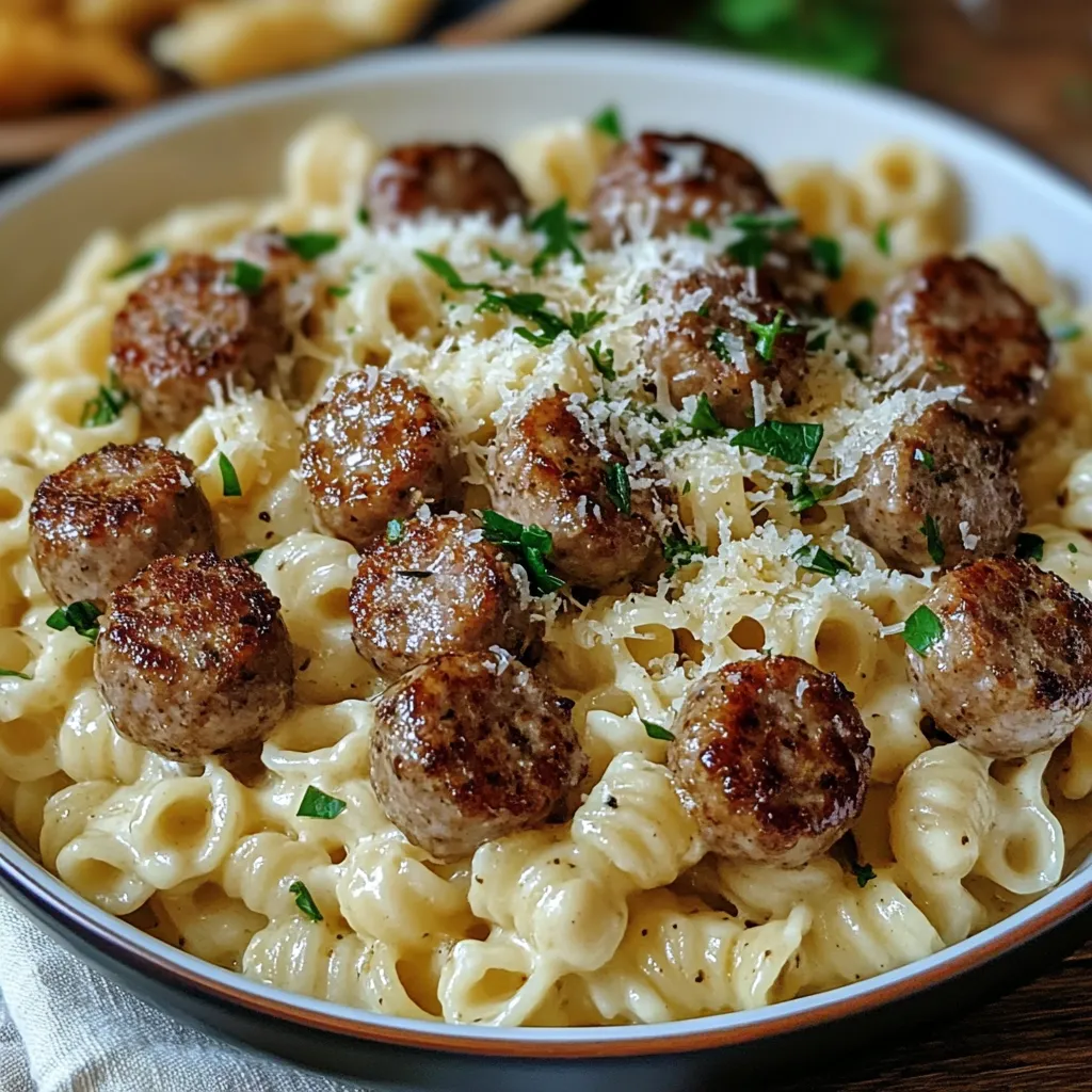 Pasta piled high with sausage chunks and melty cheese.