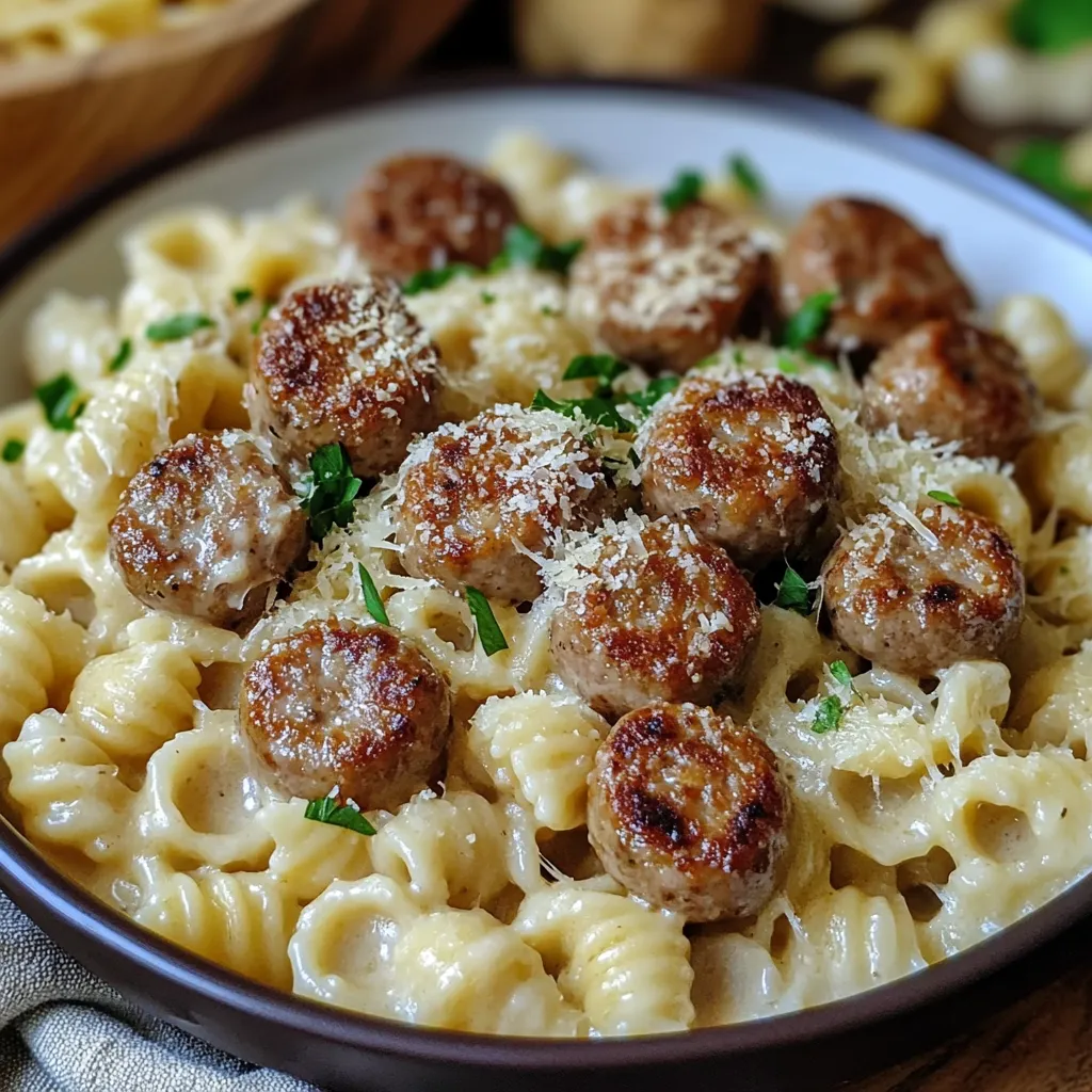A bowl packed with pasta, meatballs, and plenty of cheese.