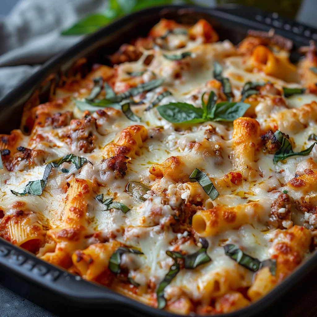 A pan of pasta with cheese and spinach.
