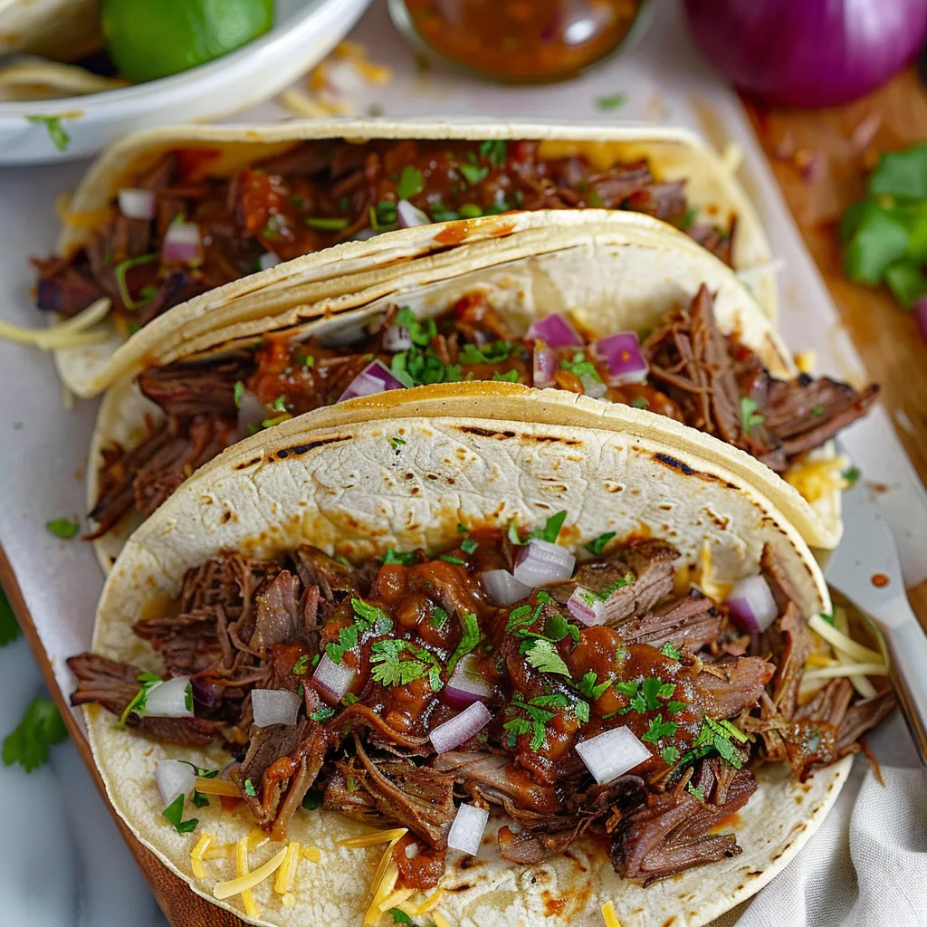 Three tacos with meat and onions.