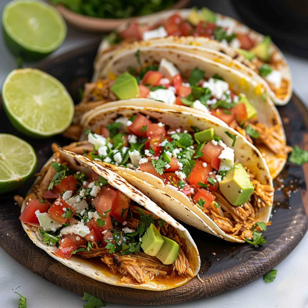 A plate of tacos with tomatoes, avocado, and sour cream.