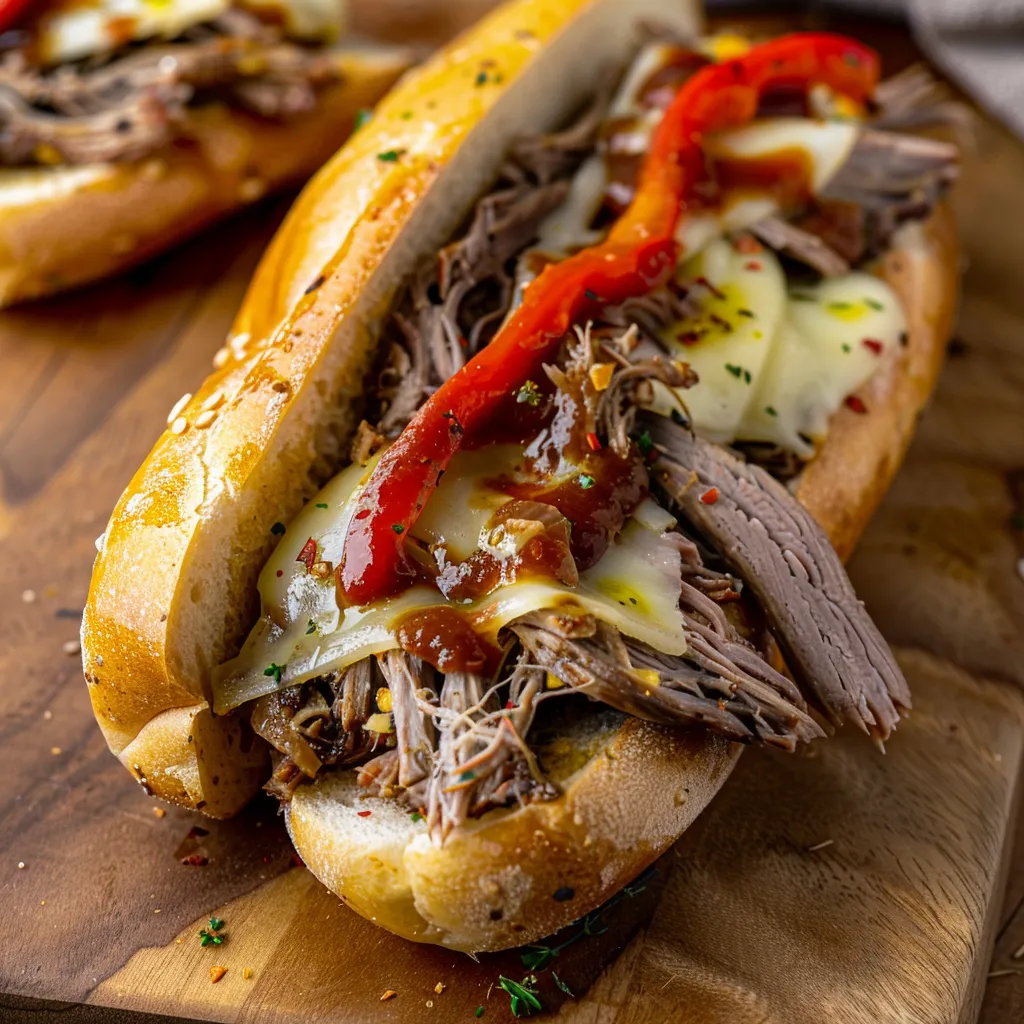 A sandwich with meat and peppers on a wooden table.