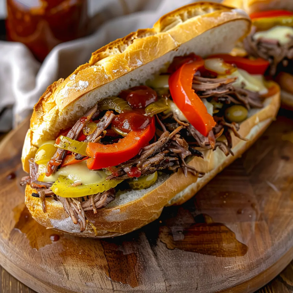 A sandwich with meat and peppers.