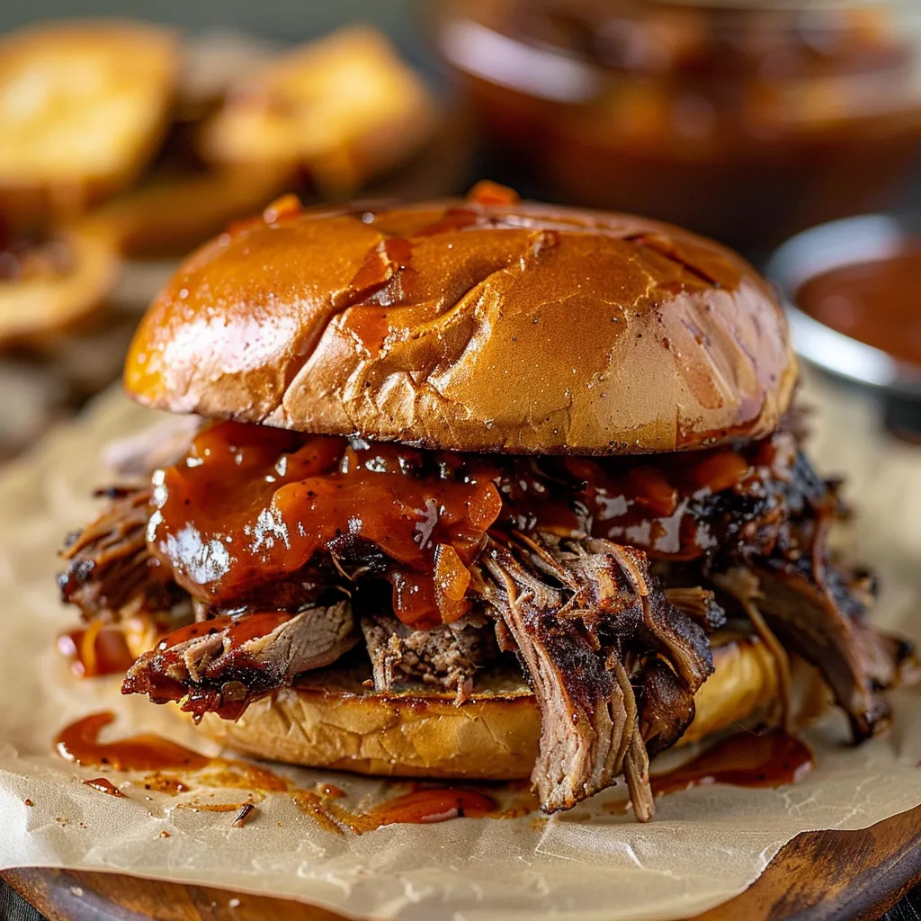 A BBQ sandwich with sauce on a bun.