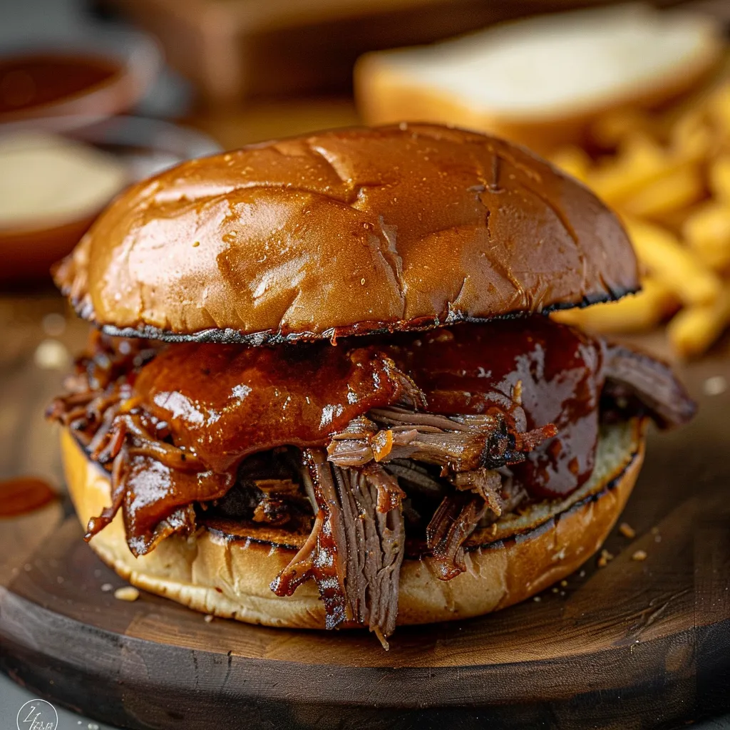 A close up of a meat sandwich with BBQ sauce.