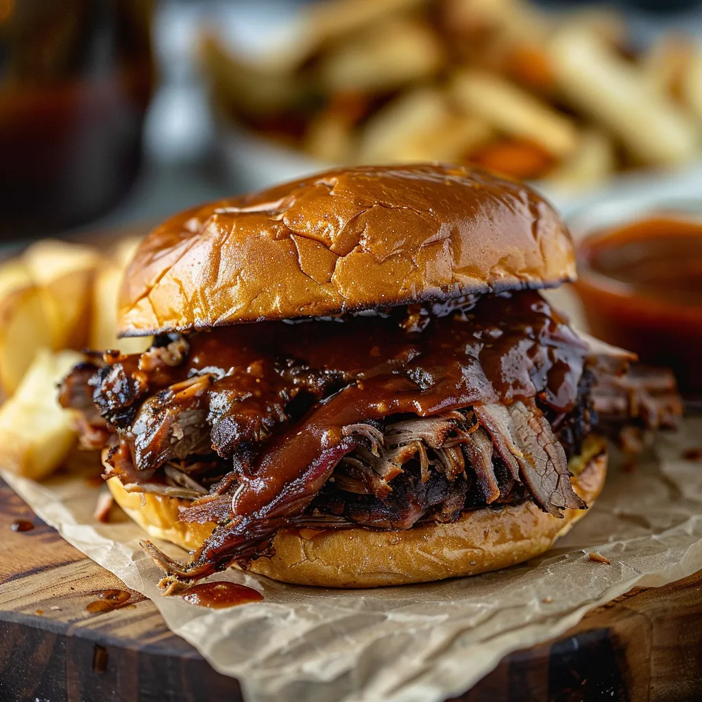 A sandwich with BBQ sauce on a bun.