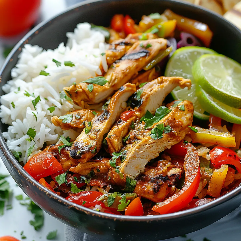 A bowl of food with rice, chicken, and vegetables.