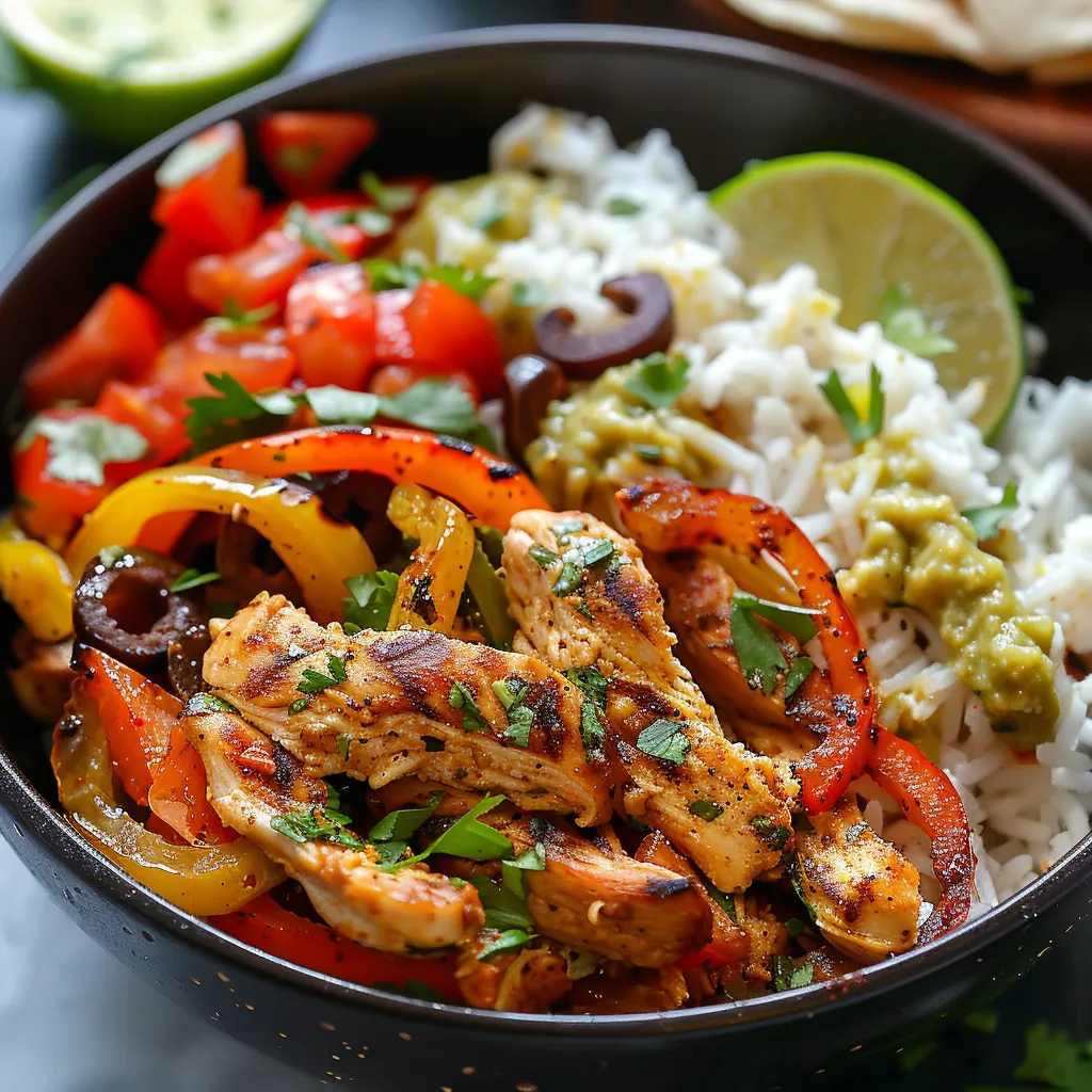 A bowl of food with rice, chicken, tomatoes, and peppers.