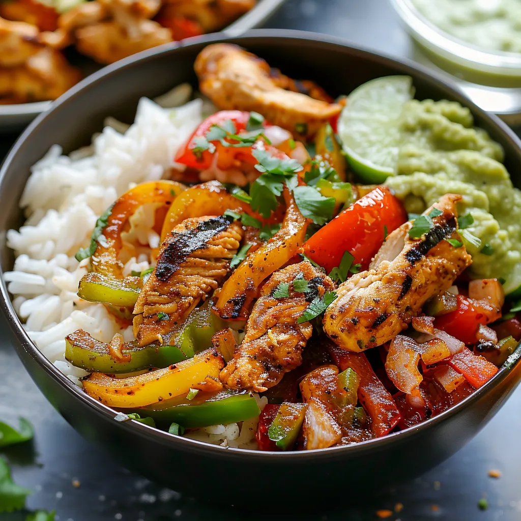 A bowl of food with rice, chicken, peppers, and tomatoes.