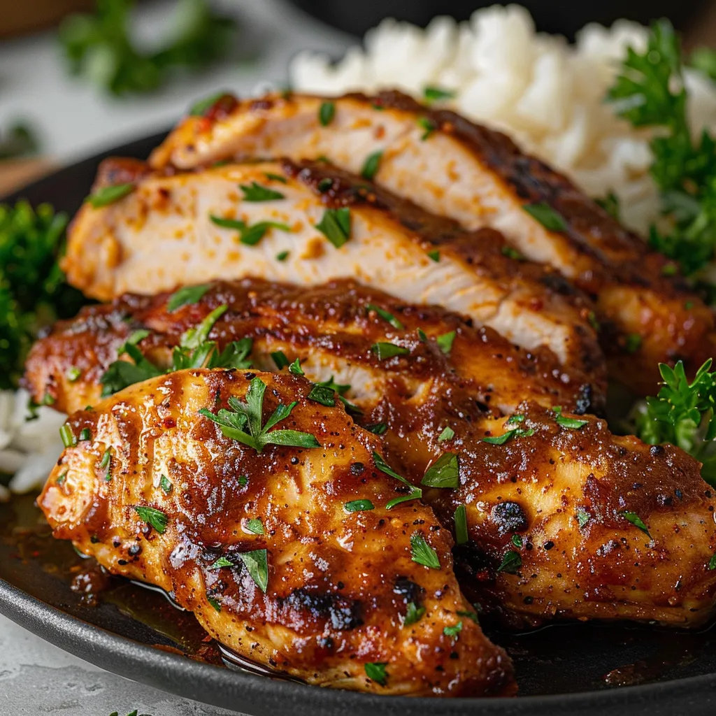 A plate of chicken with rice and herbs.