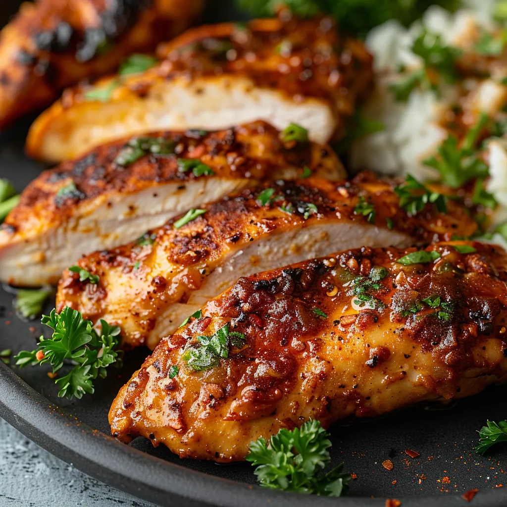 Chicken with sauce on a plate.