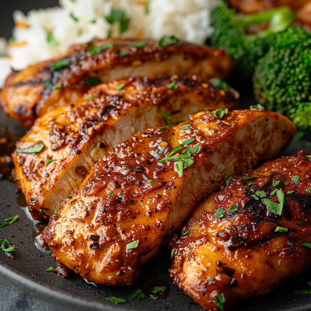 Chicken with sauce and broccoli.