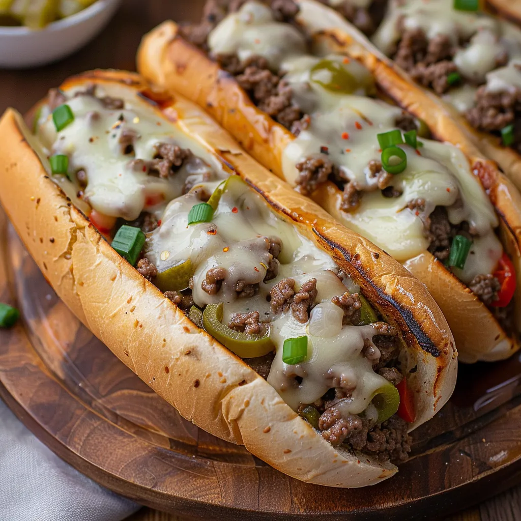 Two sandwiches with meat and cheese on a wooden platter.