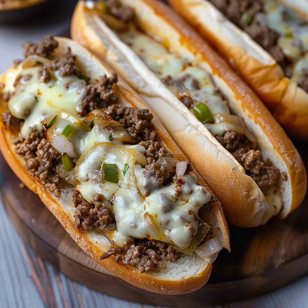 Two sandwiches with meat and cheese on a wooden platter.