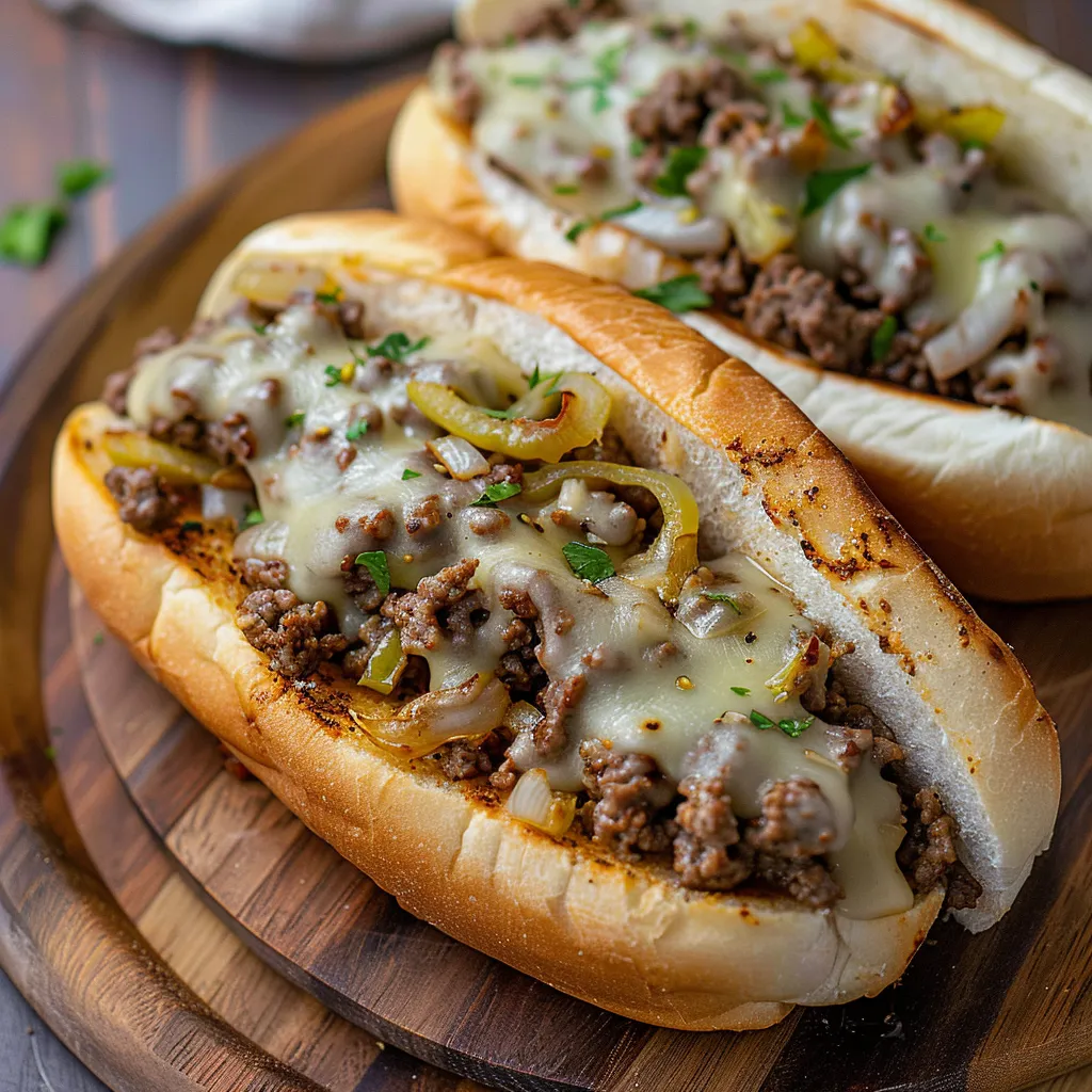 Two sandwiches with meat and cheese on a wooden table.
