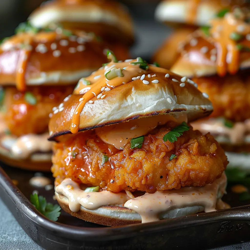 A tray of chicken sandwiches with sauce.