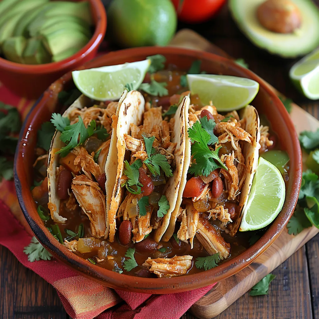 A bowl of chicken and beans with limes on the side.