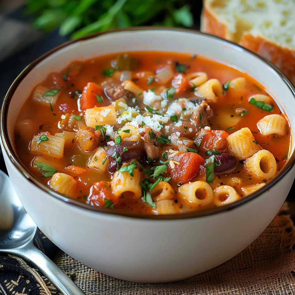 A bowl of soup with pasta and vegetables.
