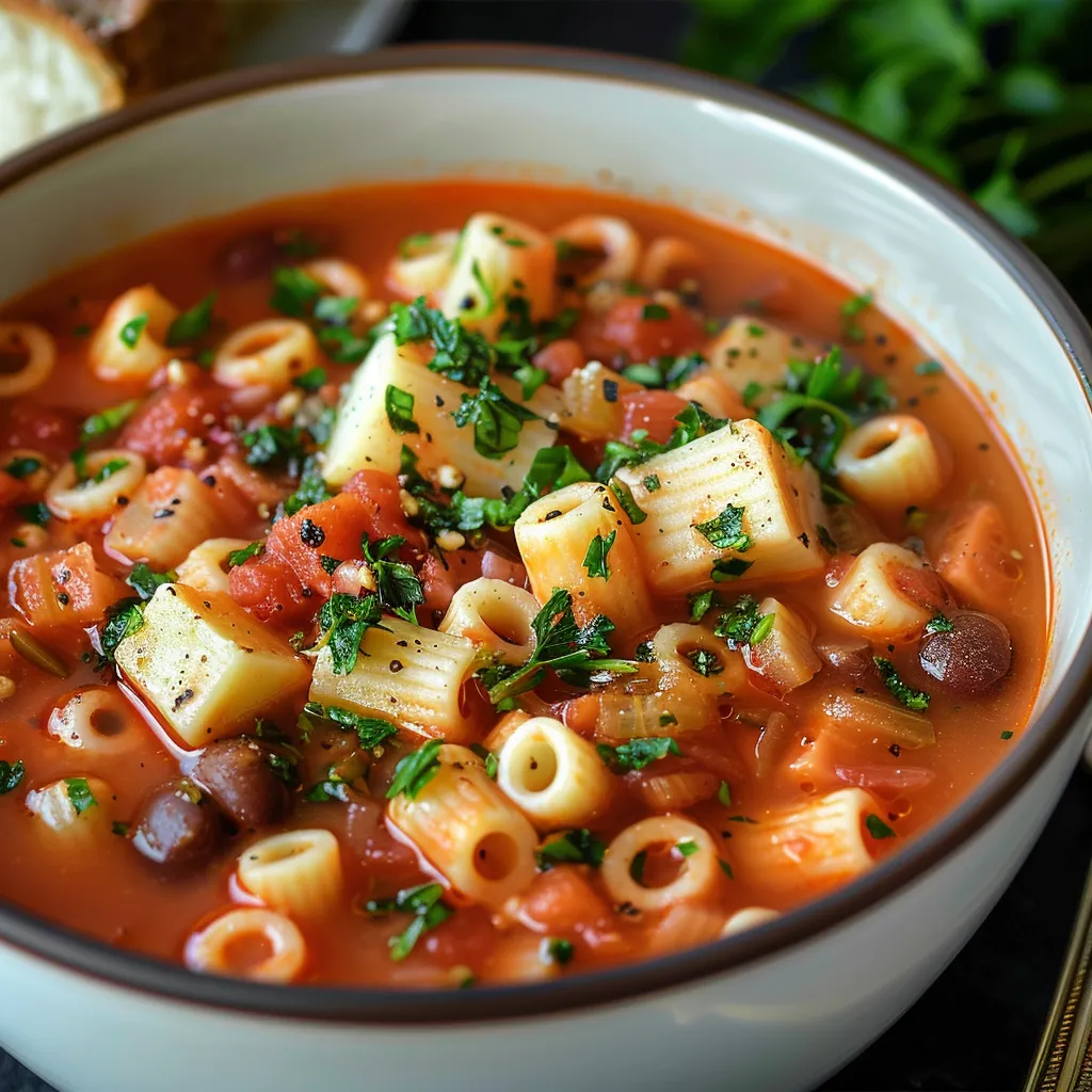 A bowl of soup with pasta and tomatoes.