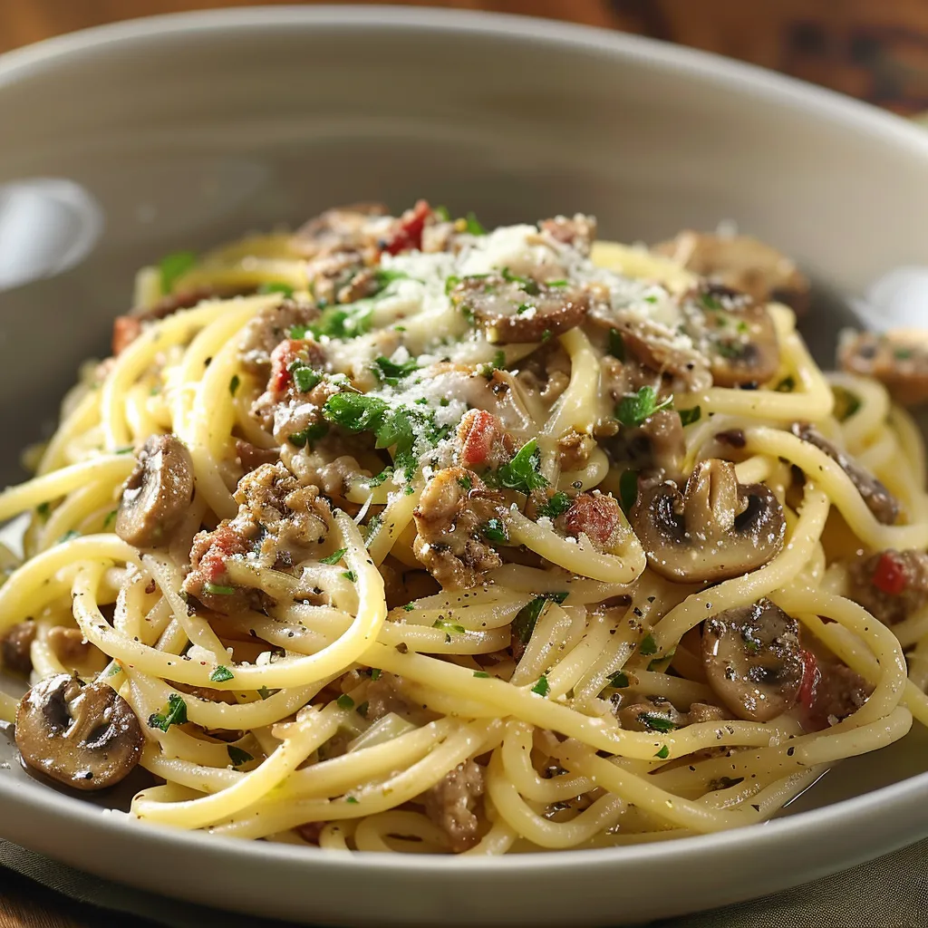 A bowl of spaghetti with meatballs and mushrooms.
